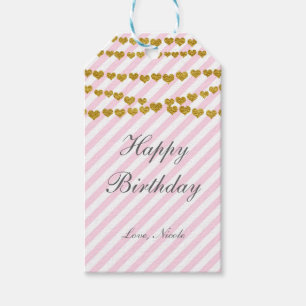 Pink & White Gold Hearts Strand Birthday Gift Tag