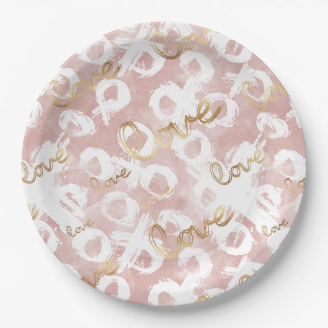 Pink White Gold Love XO Paper Plate (Front)