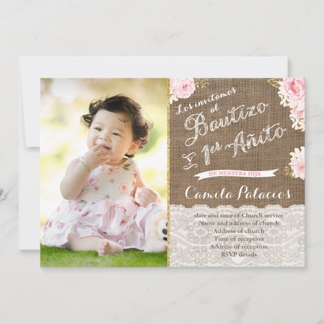 Pink White Gold Spanish Bautizo Baptism Birthday Invitation (Front)