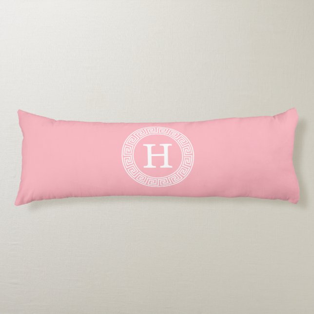 Pink White Greek Key Rnd Frame Initial Monogram Body Cushion (Front)