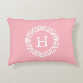 Pink White Greek Key Rnd Frame Initial Monogram Decorative Cushion