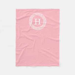 Pink White Greek Key Rnd Frame Initial Monogram Fleece Blanket
