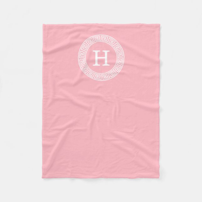 Pink White Greek Key Rnd Frame Initial Monogram Fleece Blanket (Front)