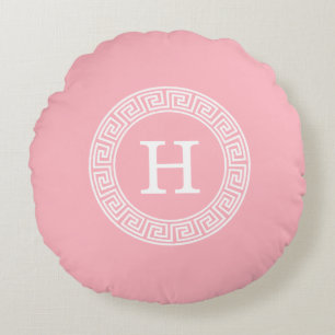 Pink White Greek Key Rnd Frame Initial Monogram Round Cushion