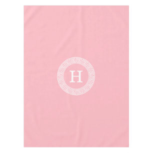 Pink White Greek Key Rnd Frame Initial Monogram Tablecloth