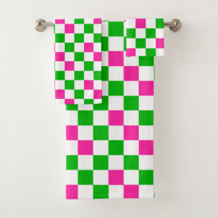 Pink White Green Chequered Design  Bath Towel Set