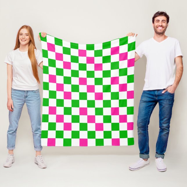 Pink White Green Chequered Design  Fleece Blanket (In Situ)