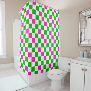 Pink White Green Chequered Design Shower Curtain