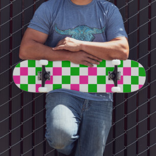 Pink White Green Chequered Design Skateboard