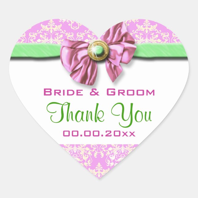 Pink white green wedding thank you heart sticker (Front)