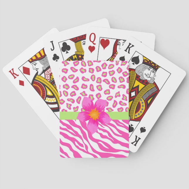 Pink, White & Green Zebra & Cheetah & Pink Flower Playing Cards (Back)