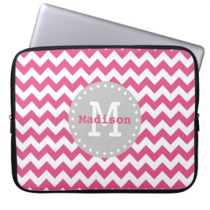 Pink White Grey Chevron Zigzag Monogram Laptop Sleeve