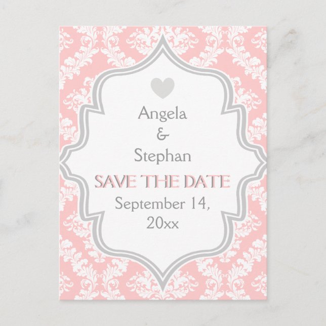 Pink, white, grey damask wedding Save the Date Announcement Postcard (Front)