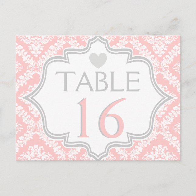 Pink, white, grey damask wedding table number postcard (Front)