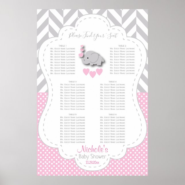 Pink, White Grey Elephant - 6 Seating Chart (Front)