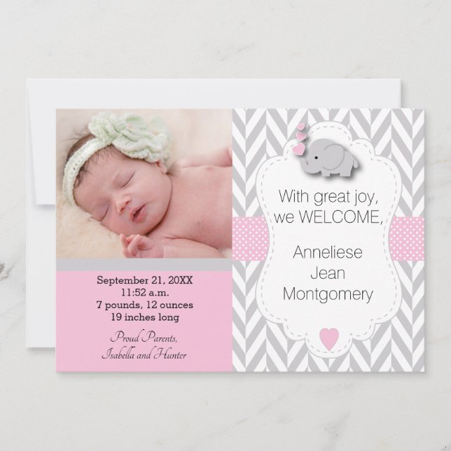Pink, White, Grey Elephant 🐘 Baby Photo Announcement (Front)