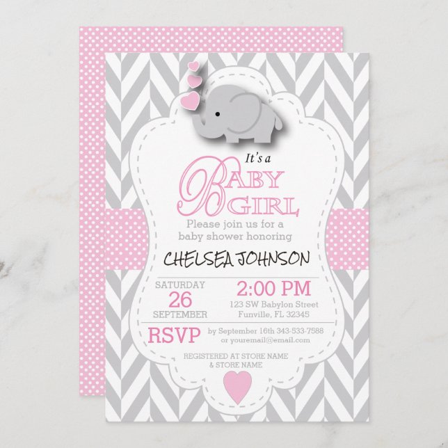 Pink, White Grey Elephant 🐘 Baby Shower Invitation (Front/Back)