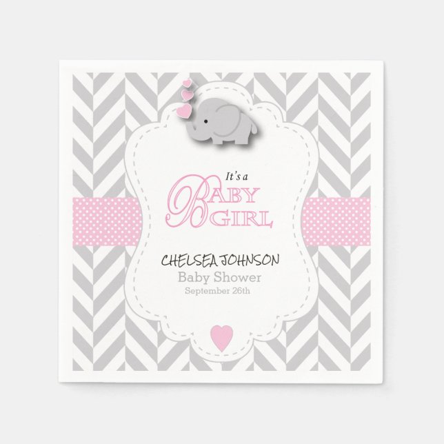 Pink, White Grey Elephant Baby Shower Napkin (Front)