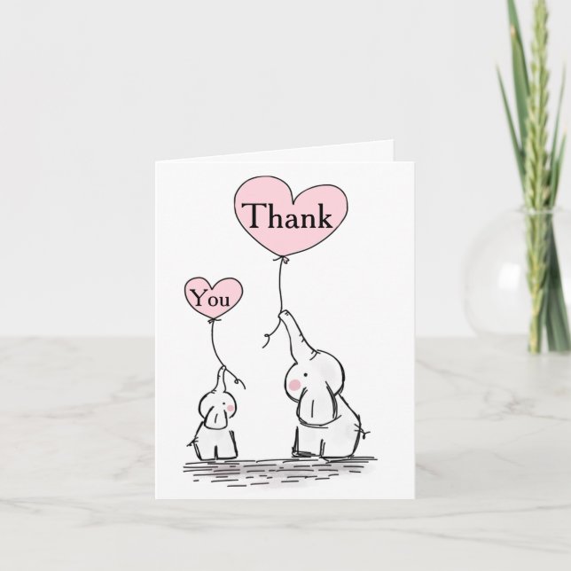 Pink, White Grey Elephant Baby Shower Thank You Card (Front)