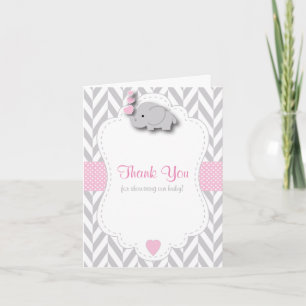 Pink, White Grey Elephant  🐘Baby Shower Thank You Card