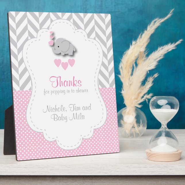 Pink, White Grey Elephant Baby Shower Thank You Plaque (Side)