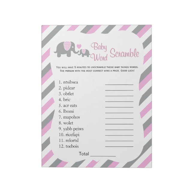 Pink, White & Grey Elephant Baby Shower Word Game Notepad (Rotated)