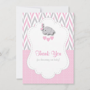 Pink, White Grey Elephant Thank You 2 Card
