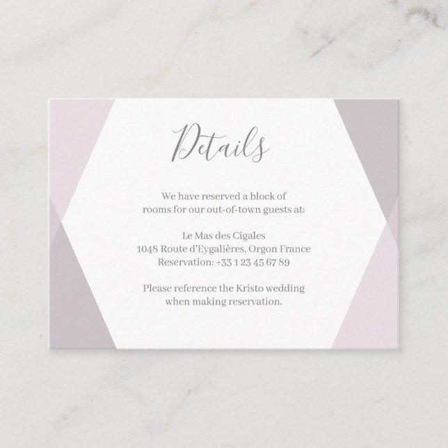 Pink White Grey Geometric Wedding Hotel Detail Enclosure Card (Front)