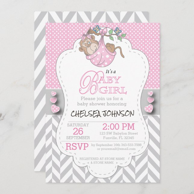 Pink, White Grey Monkey Baby Shower Invitation (Front/Back)