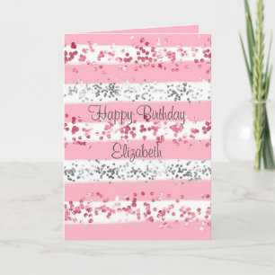 Pink White Grey Silver Glitter Birthday Card