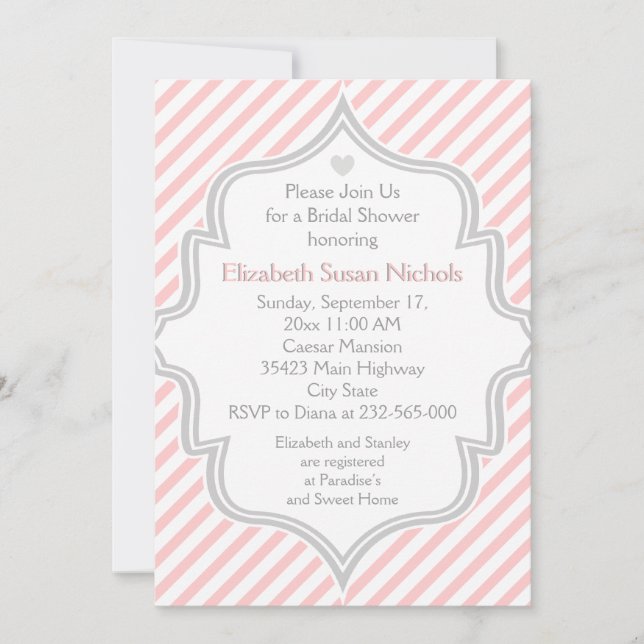 Pink, white, grey stripes wedding bridal shower invitation (Front)