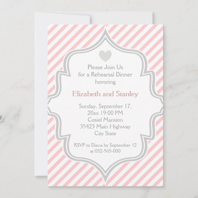 Pink, white, grey stripes wedding Rehearsal Dinner Invitation (Front)