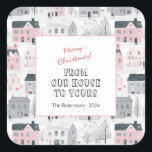 Pink White Grey Vintage Houses Christmas Stickers<br><div class="desc">Vintage watercolor Christmas houses in shades of grey, and white and pink with pink accents on a white background make for a cute holiday pattern. It looks great on your holiday gift and package stickers. The design includes the sentiments "From Our House To Yours" and "Merry Christmas". Note that all...</div>
