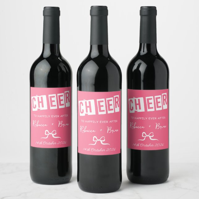 Pink & White Hand Drawn Bow Sketch Wedding Wine Label (Bottles)