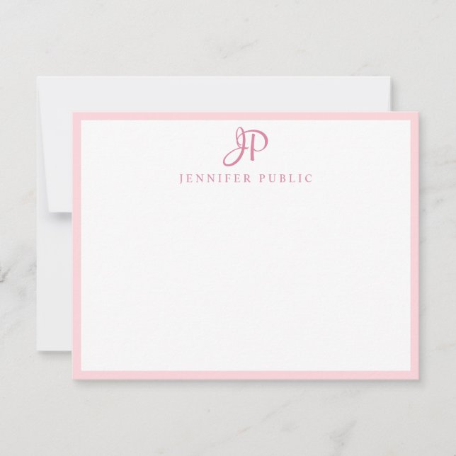 Pink White Hand Script Name Monogram Simple Card (Front)
