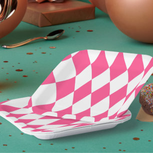 Pink White Harlequin Diamonds Checkers Design  Paper Plate