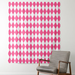 Pink White Harlequin Diamonds Checkers Design Tapestry