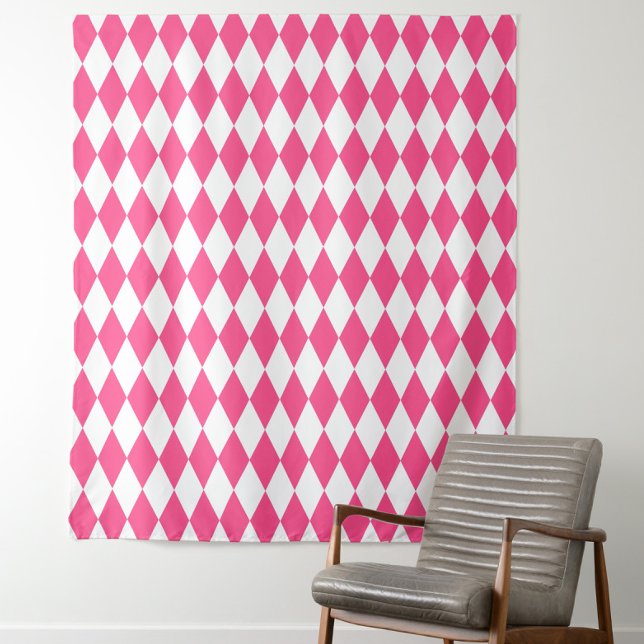 Pink White Harlequin Diamonds Checkers Design  Tapestry (Creator Uploaded)