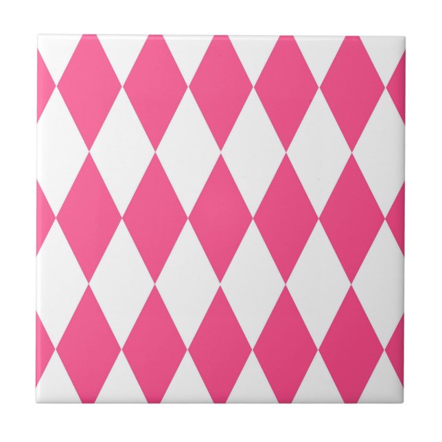 Pink White Harlequin Diamonds Checkers Design  Tile (Front)