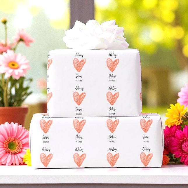 Pink White Heart Love Wedding  Wrapping Paper (Creator Uploaded)