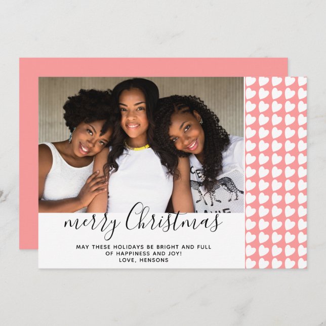 Pink White Heart Merry Christmas Photo Card (Front/Back)