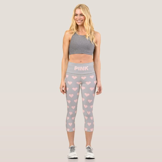 Pink White Heart Pattern & Text on Silver Grey Capri Leggings (Front)