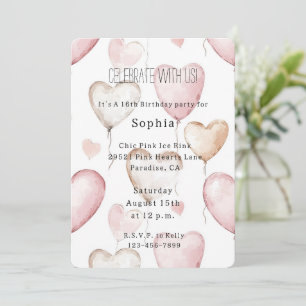 Pink White Hearts Balloons Birthday Invitation
