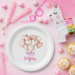 Pink White Hearts Balloons Birthday Paper Plate