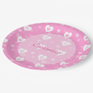 Pink & White Hearts Pattern Paper Plates
