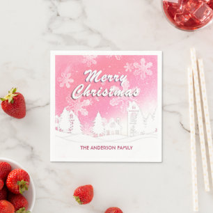 Pink White House Snowflakes Merry Christmas Napkin