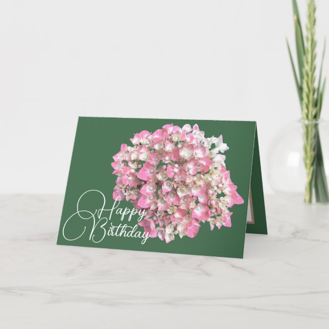 Pink/White Hydrangea Green Backdrop Happy Birthday Card (Front)