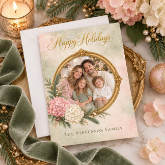 Pink & White Hydrangea Heirloom Christmas Photo Holiday Card