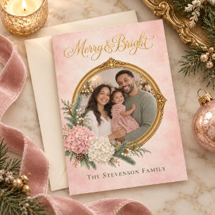 Pink & White Hydrangea Heirloom Christmas Photo Holiday Card