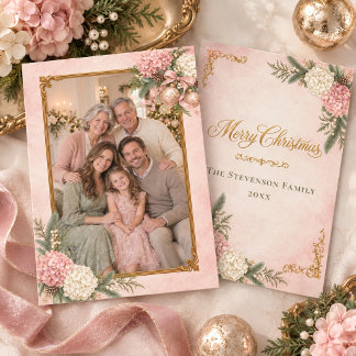 Pink & White Hydrangea Heirloom Photo Christmas Holiday Card